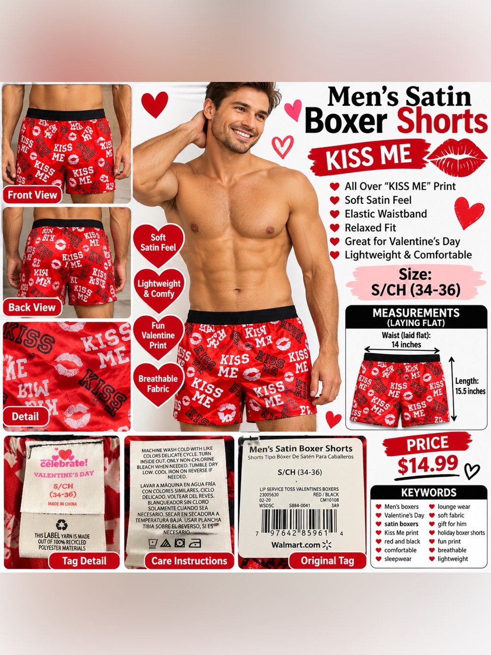 Celebrate It Red 'Kiss Me' Printed Men's Lounge Shorts with Black Waistband
